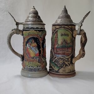 Vintage Ceramic Beer Steins with Pewter Lids